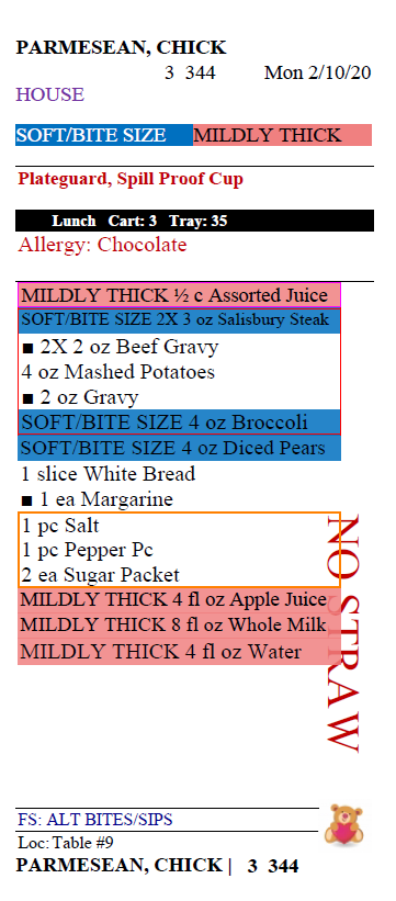 A Dietech tray ticket showing the patient name, cart and tray number, an allergy line, IDDSI texture labels, adaptive equipment notes, a NO STRAW warning, and the full meal with portion sizes.