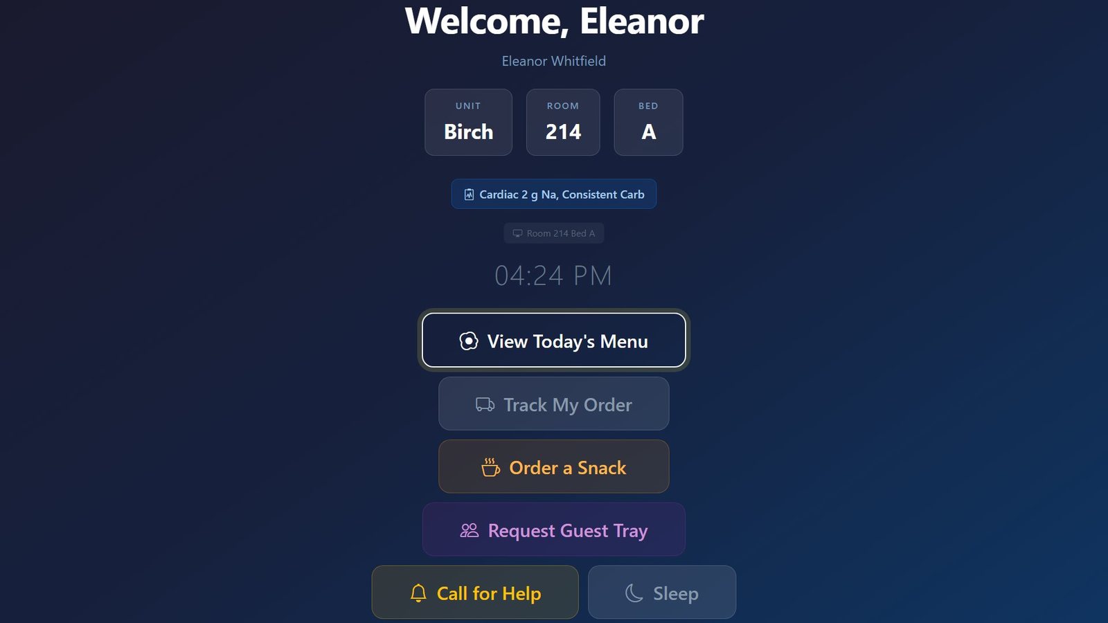 Bedside TV screen welcoming a patient by name with unit, room, bed and diet order tiles, and large buttons to view the menu, track an order, order a snack, request a guest tray, call for help, or sleep.