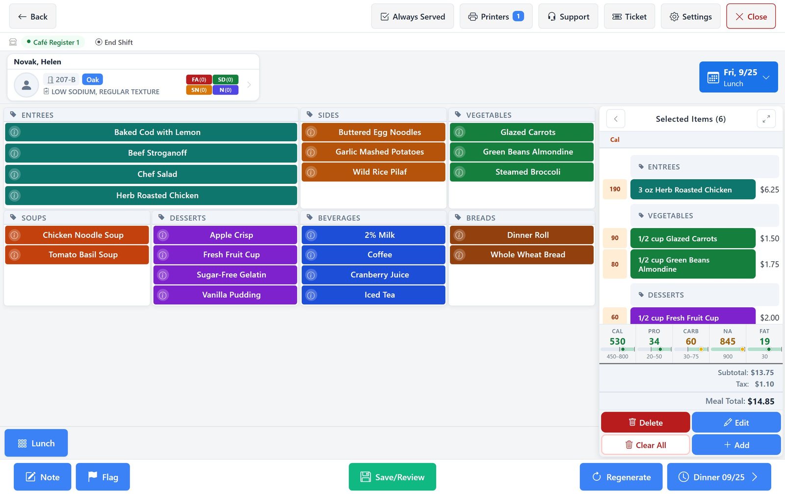 Selective Touch in point-of-sale mode with an open register shift, prices on each item, a subtotal, tax, and a meal total of $14.85.